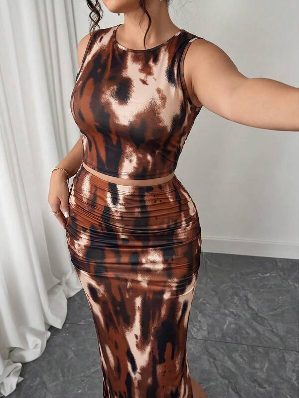 Elenzga Plus Size Women's Leopard Print Tank Top & Skirt 2-Piece Set, Sexy Hot Girl Style, Casual Commute