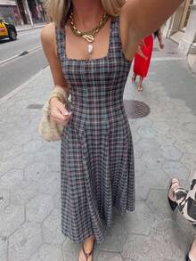 Serisse Damen Mode kariertes plissiertes ärmelloses Urlaubs-Kleid Brunch Picknick hellgrau Sommer französischer Vintage-Stil - Verschiedenfarbig - Übersicht 5