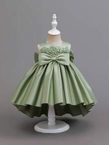 SHEIN Glamorique Kids 女婴缎面蝴蝶结连衣裙，花朵蕾丝边，拖地裙，洗礼礼服，婚礼花童礼服 - 綠色 - 查看 3