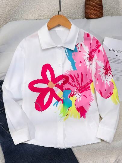 SHEIN Girls' Youthful Long Sleeve Shirt, White Base With Colorful Floral Print, Bright And Lively Colors, Classic Lapel And Button Design, Loose Drop Shoulder Fit For Comfort And Freedom, Long Sleeve Cut Suitable For Spring And Autumn Wear Alone Or Layered With Outerwear, Smooth And Structured Fabric, Perfect For Daily School And Outings