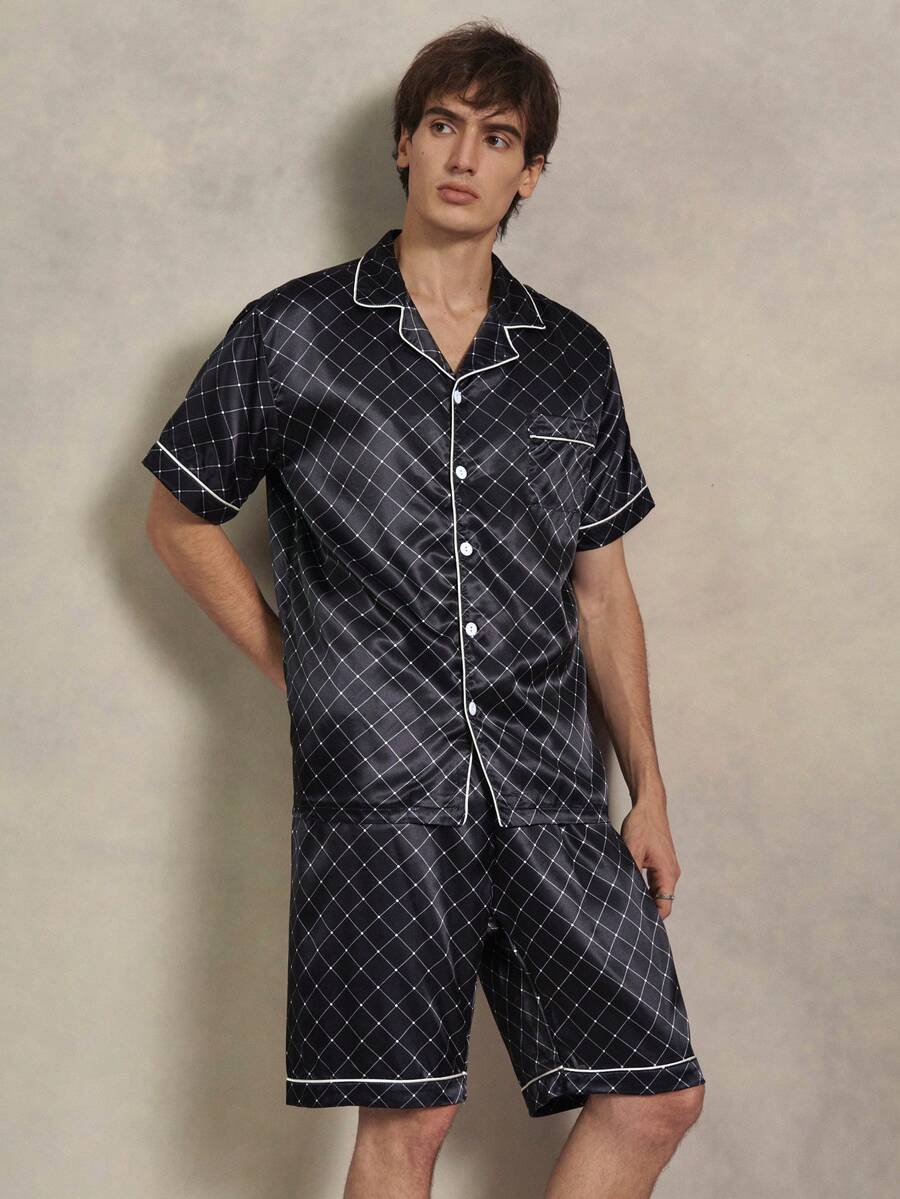 EverLounge Men's Plaid Short Sleeve Single-Breasted Top And Shorts Loungewear Set Sleep Home Black And White Summer Casual Cute - Multicolor - View 1