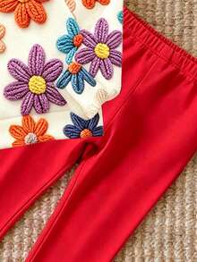Autumn/Winter Infant & Toddler Girls Fresh Fashion Casual Daily Minimalist Colorful Embroidered Floral Pattern Basic Crew Neck Sweatshirt & Leggings Set - Multicolor - View 5