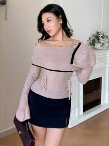Modelyn 女款綁帶喇叭袖露肩拼接色毛衣 - 粉色 - 查看 5
