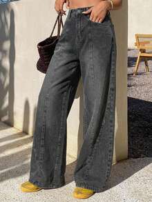 DAZY High Waist Wide Leg Jeans - Dark Grey - View 1