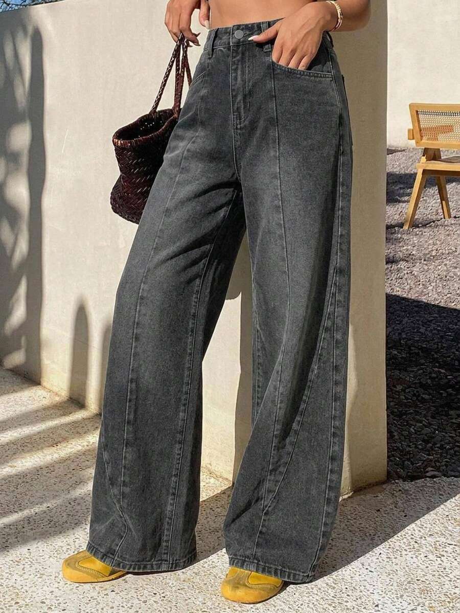 DAZY High Waist Wide Leg Jeans - Dark Grey - View 1