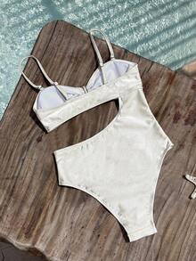 SHEIN Swim 吊带、腰部镂空、金属装饰设计女士优雅连体度假连衣裙 - 米色 - 查看 2