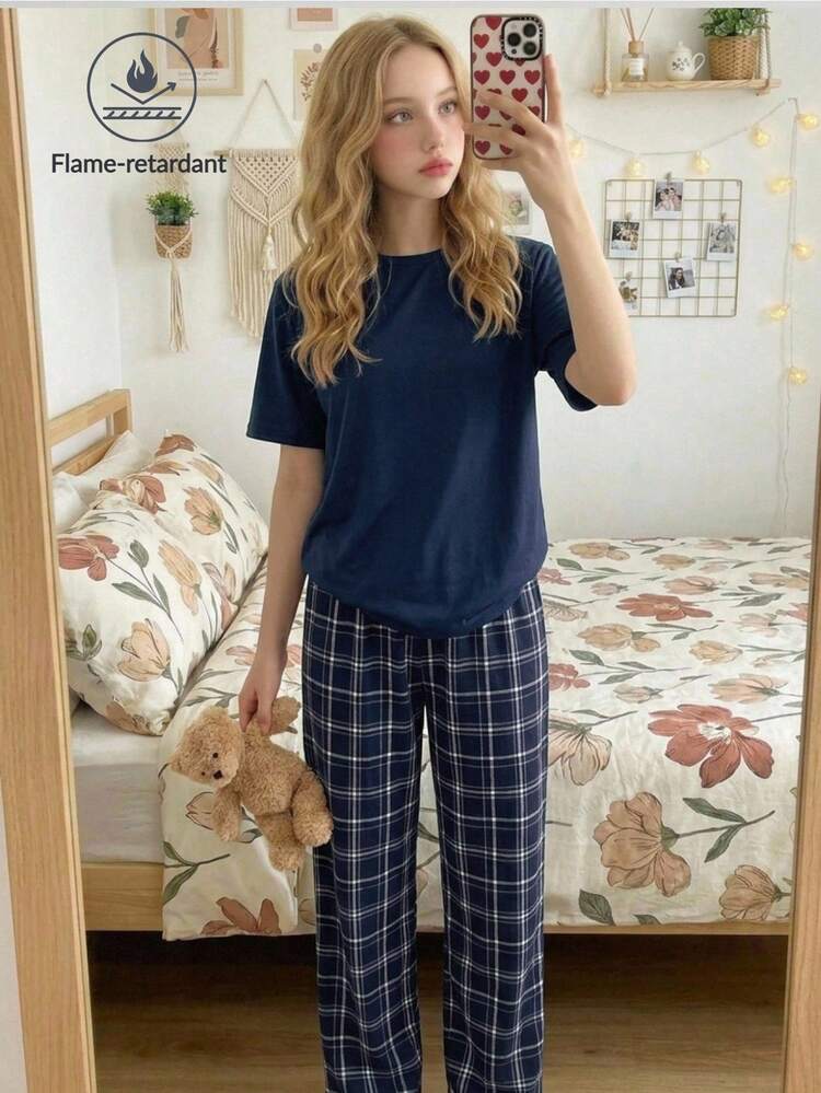 SHEIN Teen Girl Teen Girls Pajamas Spring Summer New Royal Blue Plaid Print Casual Loose Minimalist Round Neck Short Sleeve Long Pants Loungewear - Royal Blue - View 1