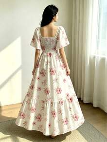 Modelyn 芙蓉花与天堂鸟碎花浅黄色连衣裙，女士时尚方领泡泡袖荷叶边下摆连衣裙，夏季度假风波西米亚连衣裙 - 彩色 - 查看 2
