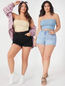 SHEIN BASICS 大尺碼 2 件組短版抹胸上衣/夏季/露肩上衣 夏季上衣 - 彩色 - 查看 6