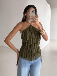 Aloruh Atasan Wanita Elegan Romantis Model Halter Neck dengan Ruffle Berlapis-lapis Warna Hijau Army untuk Liburan Pantai dan Kencan. - Hijau Tentara - View 8