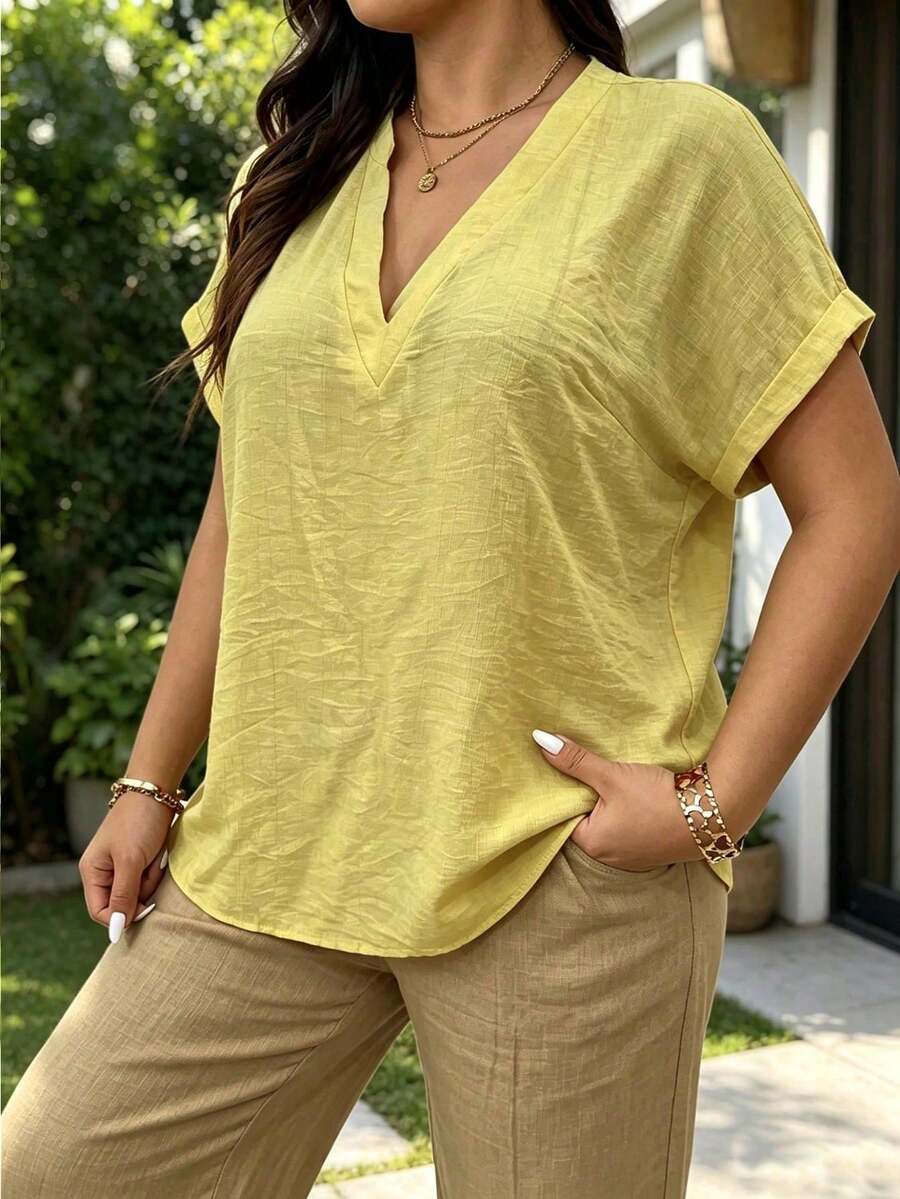 SHEIN LUNE CURVE Plus Size Women's Solid Color V-Neck Casual Versatile Daily Outing Shirt - Yellow - View 1
