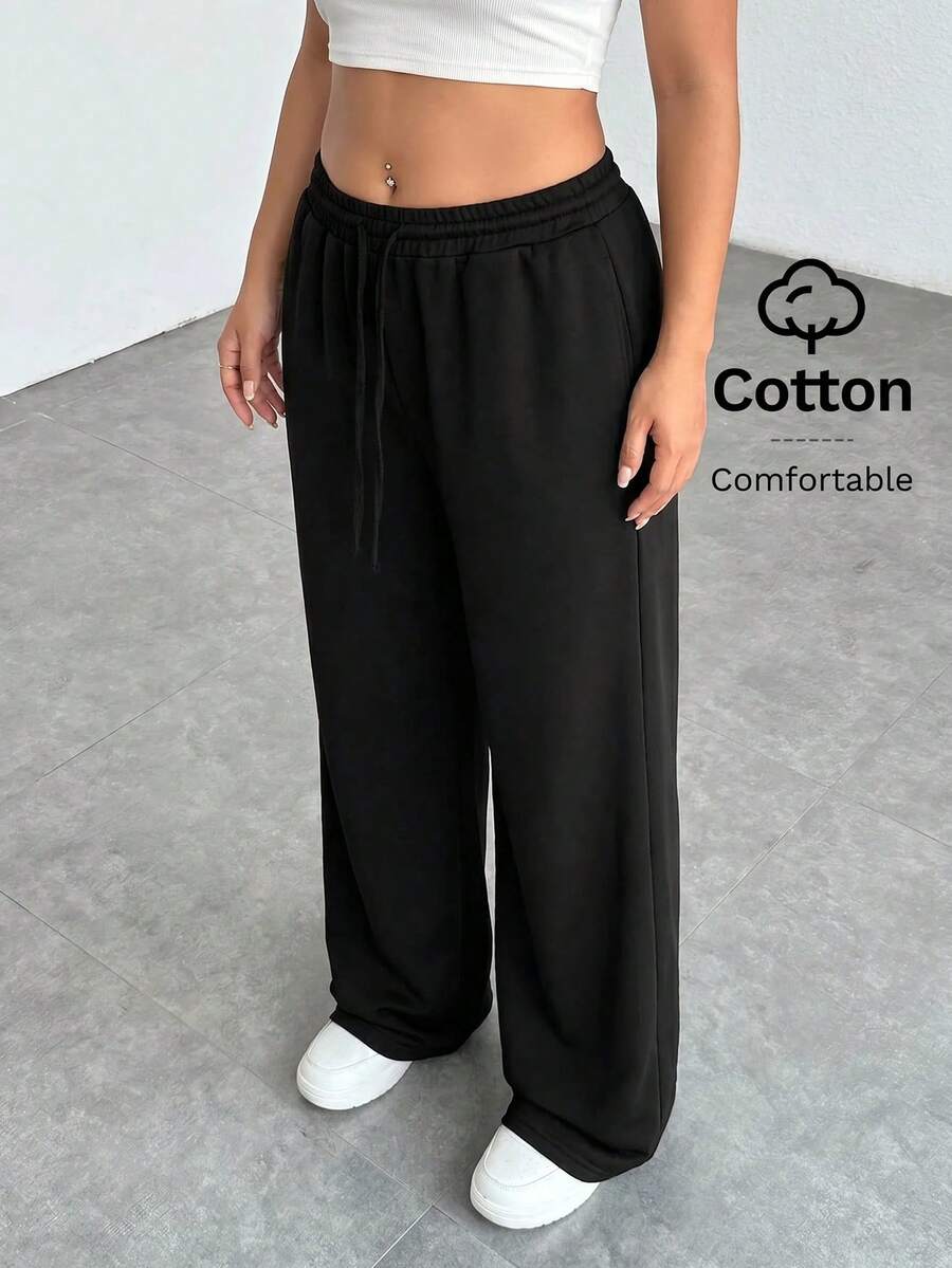 SHEIN PETITE CURVE 大尺碼舒適休閒純色針織寬腿女款運動長褲 - 黑色 - 查看 1