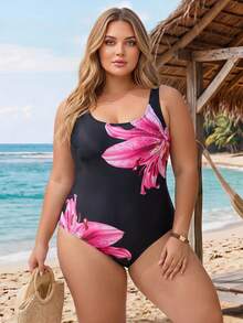 SHEIN CURVE+ 2026 Plus Size Floral Print One-Piece Swimsuit For Beach & Resort - Pink - View 3