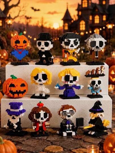 Halloween Cute Building Blocks Kit, Mini Q Version Skeleton Pumpkin Ghost Figures, Easy Assembly Educational Toy, Desktop Ornament, Halloween Party Favors Gift