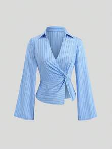 Sweetra Women's Wide Narrow Striped Woven Flared Sleeve Long Sleeve V-Neck Shirt Twisted Waist Turn-Down Collar Teachers' Day Work Navy Blue Autumn Casual - Blue - View 1