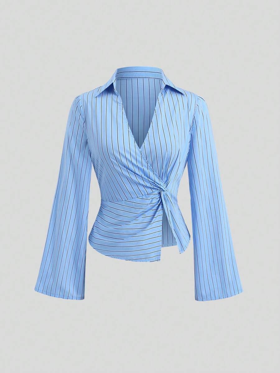Sweetra Women's Wide Narrow Striped Woven Flared Sleeve Long Sleeve V-Neck Shirt Twisted Waist Turn-Down Collar Teachers' Day Work Navy Blue Autumn Casual - Blue - View 1
