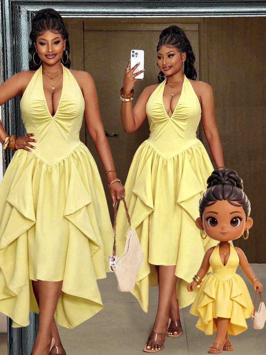 Maweii Women's Plus Size Elegant Pale Yellow Solid Color Fabric Halter Neck Design Ruched Chest Design Deep Shirred Back Tie Bow Backless Design Back Gathered Elastic Band Asymmetric Hem Design Yellow Dress Fashion Versatile Outing Party Gathering Night Date - Pale Yellow - View 1