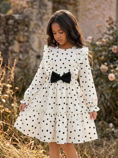 Kids Young Girls Polka Dot Bow Loose Cute Casual Ruffle Sleeve French Style Dress, Long Sleeve Dress, Autumn/Winter Plaid Dress, Summer/Autumn, Perfect For Casual Daily Wear And School Daily Wear, Mother-Daughter Sister Matching