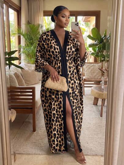 SHEIN Lady Plus Size Women's Colorblock Leopard Print Slit Design Casual Party Dress