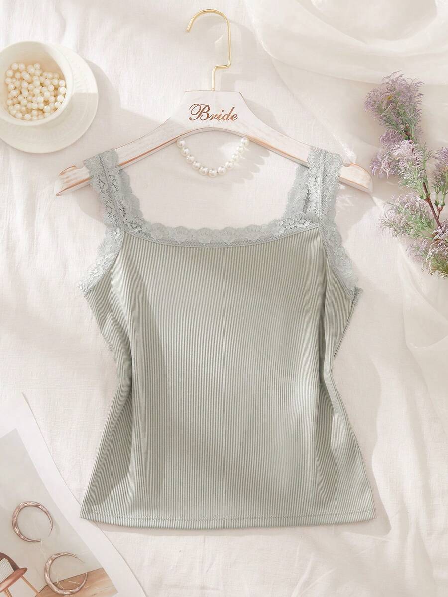 SHEIN 1件時尚蕾絲拼接細肩帶背心 - 淺灰色 - 查看 1