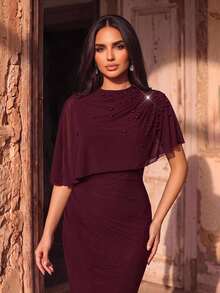 Aureia 2026 Nuovo Elegante Abito Lungo Rosso Angola Romantico in Rete Lussuoso con Decorazioni di Perline e Diamanti Arricciati Vestibilità Slim Bodycon per Donne Matrimoni Eventi Tutte le Occasioni Formali Sposa Madre Abito da Sera - Bordò - Visualizzare 2