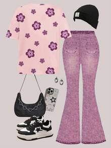 Vintage Floral Pattern Casual Loose Fit Short Sleeve Round Neck T-Shirt And Wide Leg Pants 2-Piece Set, Suitable For Spring & Summer - Multicolor - View 2