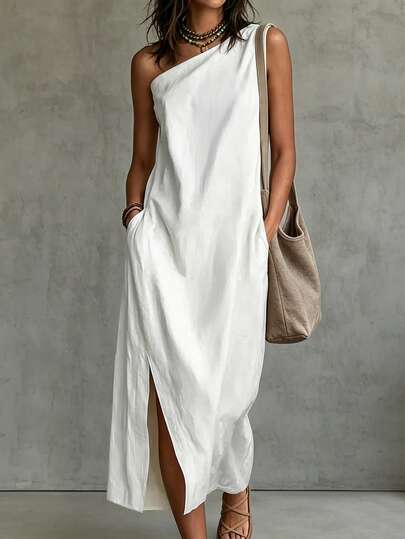 Glimmora Women's Summer Casual Solid Color One Shoulder Slit Long Dress