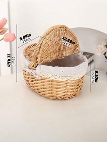 1pc Handwoven Wicker Picnic Basket – Double Lid Storage Hamper With Handle, Natural Willow Fruit Basket For Camping, Shopping, Wedding Decor, Farmhouse Storage - multicolor - View 12