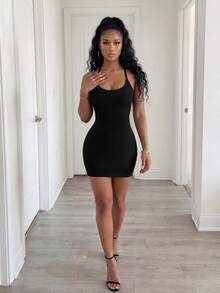 BamGleam Seamless Knit Sexy Basic Backless Halter Neck Mini Dress Night Out Club Black Summer - Black - View 5