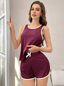 SHEIN 女款對比滾邊休閒背心與短褲家居服套裝 - 紫紅色 - 查看 4