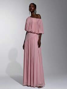 Elitara Elegant Dusty Pink Stretch Mesh Bridesmaid Dress Hand-Pleated Asymmetrical Neckline Tulip Design Pleated A-Line Formal Wedding Evening Party - Pink - View 2