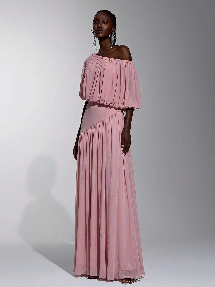 Elitara Elegant Dusty Pink Stretch Mesh Bridesmaid Dress Hand-Pleated Asymmetrical Neckline Tulip Design Pleated A-Line Formal Wedding Evening Party