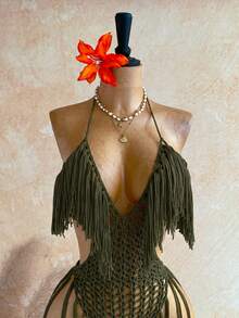Soleia Vestido de cobertura de moda para mujer con cuello halter, borlas y diseño calado, para vacaciones en la playa, verde oliva, estilo bohemio de verano, para traje de baño y bañadores - Verde militar - Ver 8
