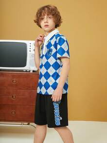 HARRY POTTER X SHEIN Tween Boy Ravenclaw House 1set Badge And Plaid Print Polo Shirt & Shorts - Blue - View 3