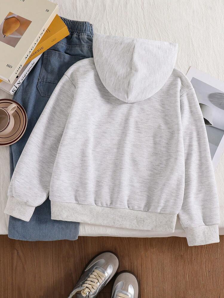 SHEIN Tween Girls' Casual Streetwear Hooded Elastic Ribbed Cuff Hem Zip-Up Sweatshirt Jacket Warm Autumn Outfit Long Sleeve Back To School Cute Vacation - Grey - View 2