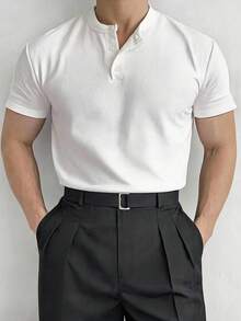DAZY Men Summer Button Turn-Down Collar Casual Short Sleeve Solid Color T-Shirt - White - View 5