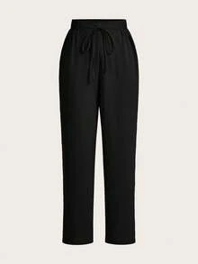 SHEIN PETITE CURVE Setelan 2 Potong Gaya Prancis Ukuran Besar, Celana Linen Kasual dengan Pinggang Elastis, Nyaman dan Serbaguna, Cocok untuk Pakaian Sehari-hari, Liburan, dan Perjalanan Musim Gugur - MultiWarna - View 10