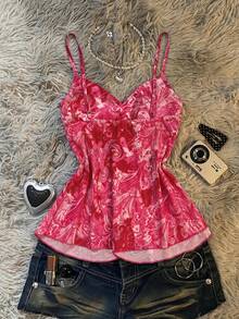 IslaSuriya Atasan Camisole Wanita Berlipit dengan Motif Cetak Seluruh Permukaan, Kasual, Serbaguna untuk Pemakaian Sehari-hari - Hot Pink - View 2
