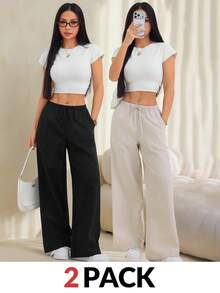 SHEIN PETITE 女款純色腰綁帶口袋長褲，舒適，適合春、夏、秋、冬 - 彩色 - 查看 1