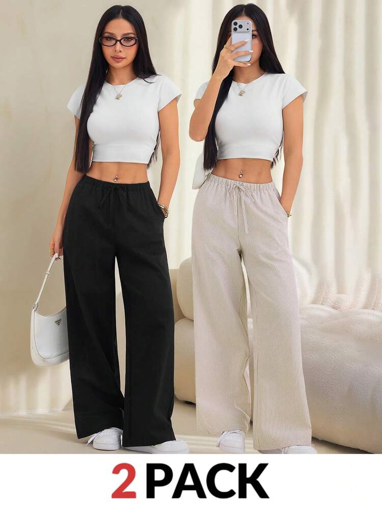 SHEIN PETITE Women's Solid Color Waist Tie Pocket Long Pants, Comfortable, Suitable For Spring, Summer, Autumn, Winter - Multicolor - View 1