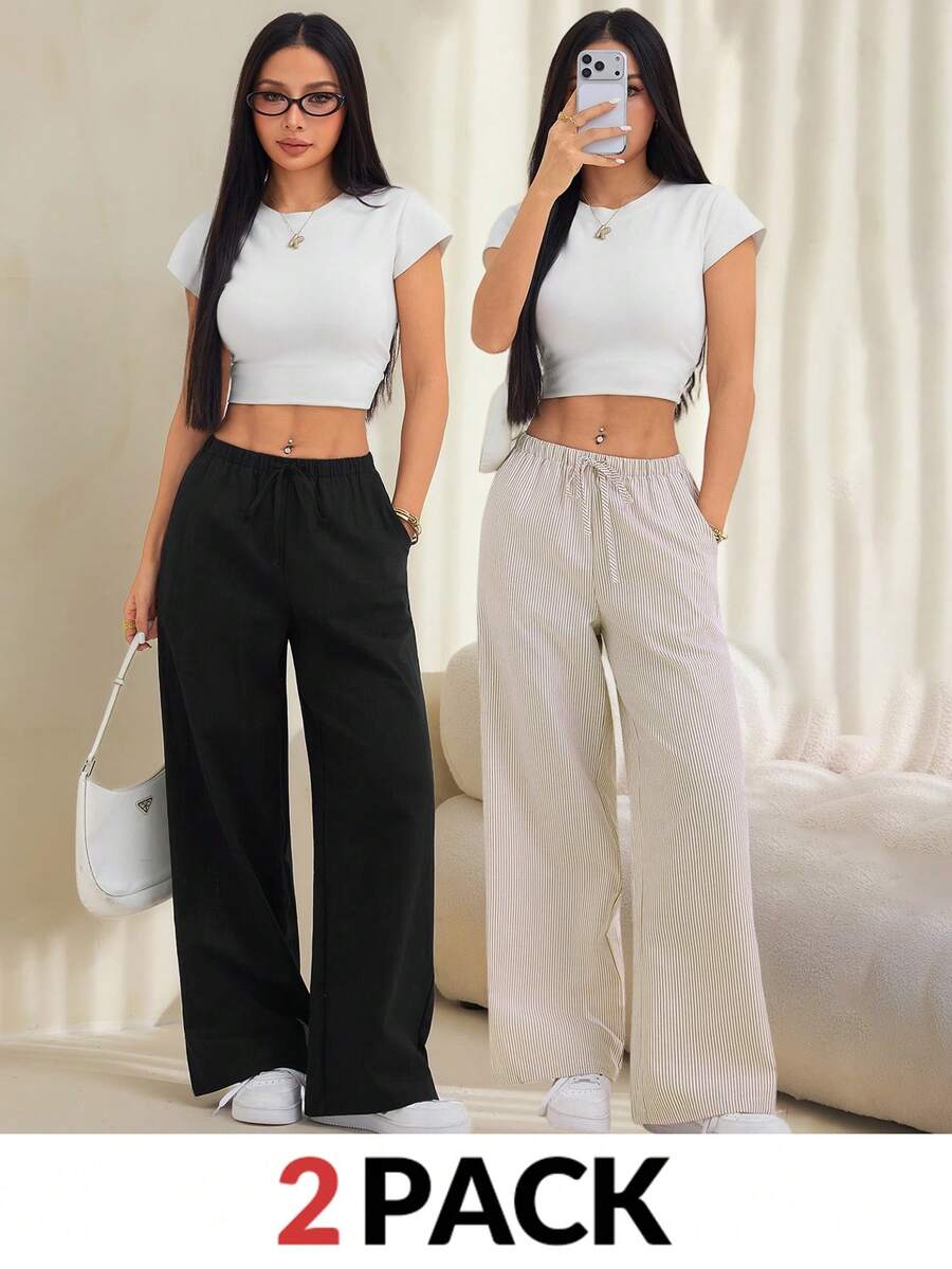SHEIN PETITE 女款純色腰綁帶口袋長褲,舒適,適合春、夏、秋、冬 - 彩色 - 查看 1