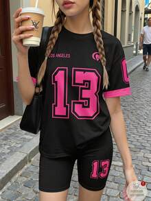 SHEIN Teen Girls 2pcs/Set Round Neck Fashionable Street Style Printed Comfortable Short Sleeve T-Shirt And Tight Printed Shorts, Summer - Multicolor - View 1