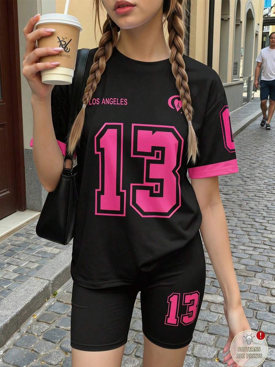 SHEIN Teen Girls 2pcs/Set Round Neck Fashionable Street Style Printed Comfortable Short Sleeve T-Shirt And Tight Printed Shorts, Summer - Multicolor - View 1