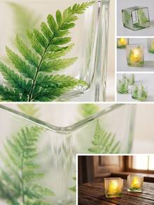 Haus Hana 1Pc/2Pcs Square Glass Tealight Holder, Clear 6cm Glass Embedded With Printed Nordic Green Leaf Pattern, Container For Candle Light Diffusion, Tabletop Ornament For Dinner Arrangement And Romantic Event Decor - multicolor - View 2