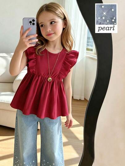 SHEIN Genkimix Kids Fashionable Young Girls Burgundy Flounce Sleeve Everyday Top With Round Neck Matched With Stylish Pearl Embellished Denim Pants For Casual Wear