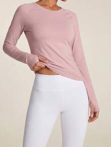 SHEIN BAE 1pc Women's Solid Color Round Neck Long Sleeve Casual Fitness Sports T-Shirt - Violet Purple - View 4