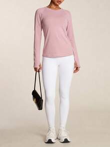 SHEIN BAE 1pc Women's Solid Color Round Neck Long Sleeve Casual Fitness Sports T-Shirt - Violet Purple - View 6