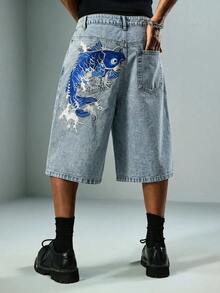ROMWE MEN Street Life Men's Fish Pattern Embroidered Denim Shorts - Blue - View 3
