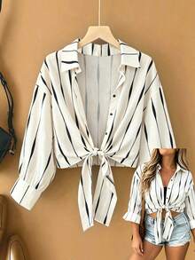 Elenzga Plus Size Women Striped Drop Shoulder Long Sleeve Single-Breasted Casual Shirt - Multicolor - View 6