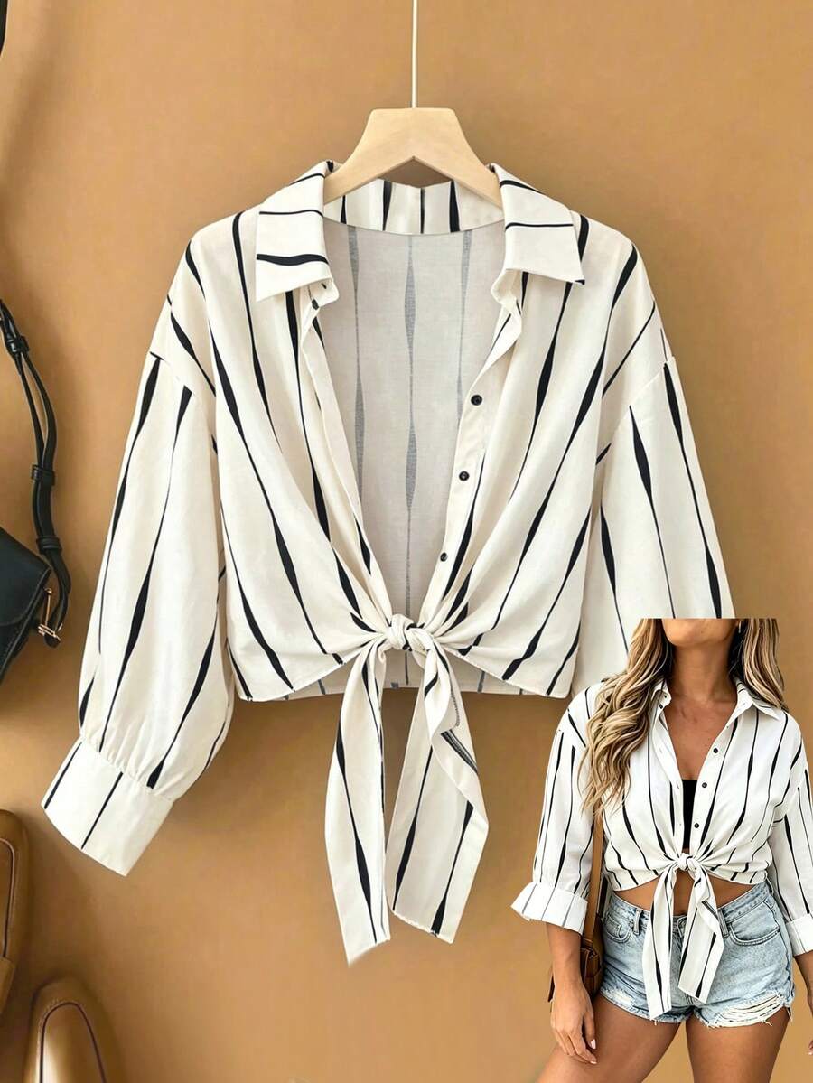 Elenzga Plus Size Women Striped Drop Shoulder Long Sleeve Single-Breasted Casual Shirt - Multicolor - View 1
